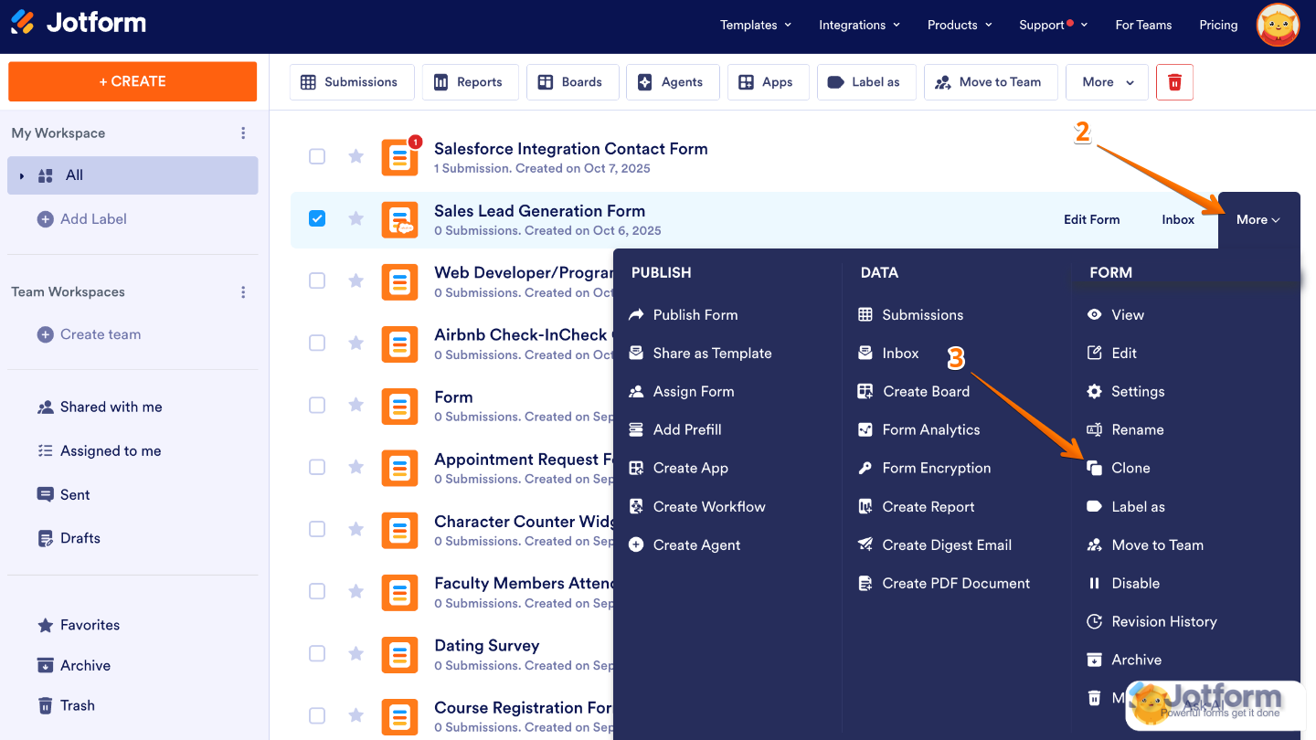 Archive option under the Form column of the Clone dropdown menu on the Jotform My Workspace page