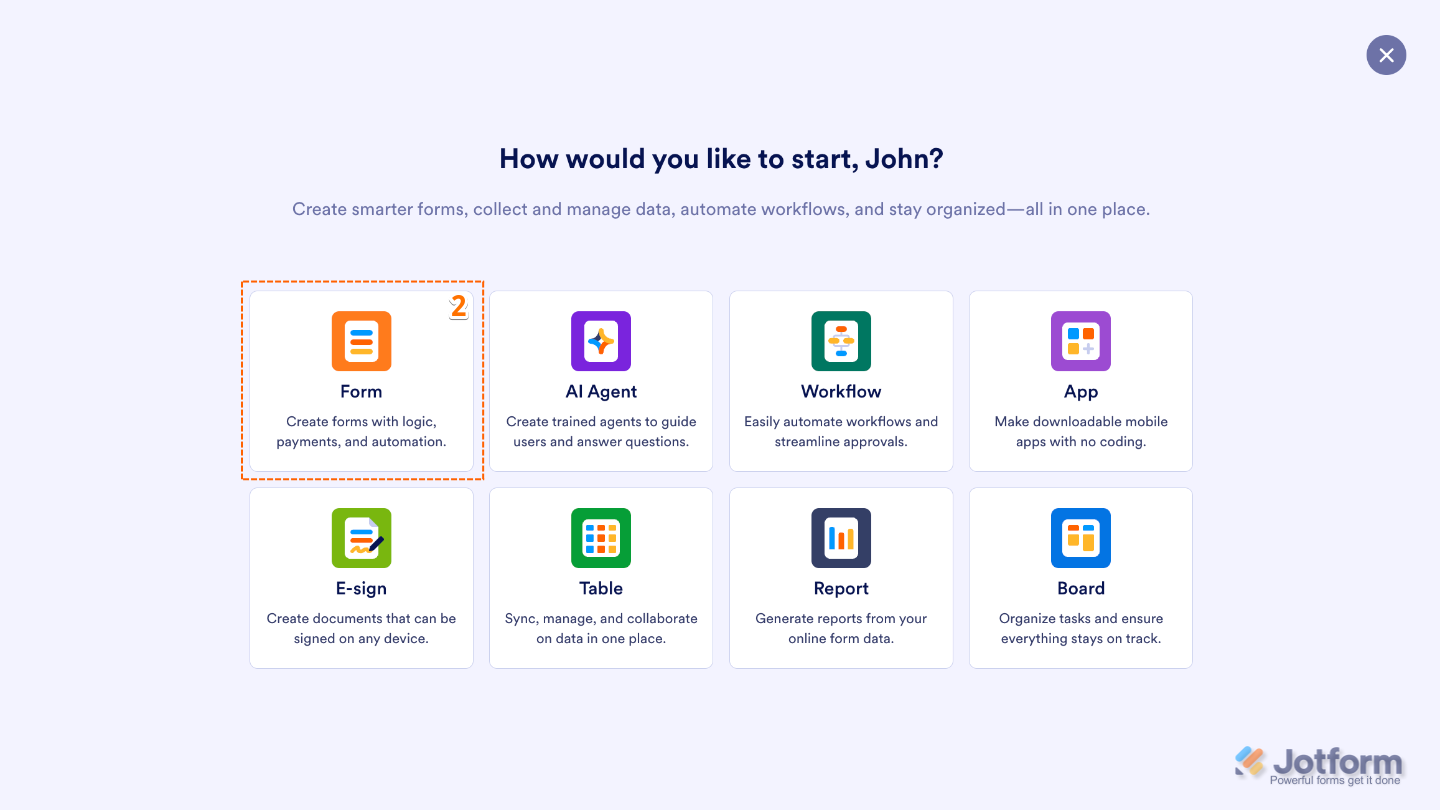 Form option in the Select Asset window on the Jotform My Workspace page