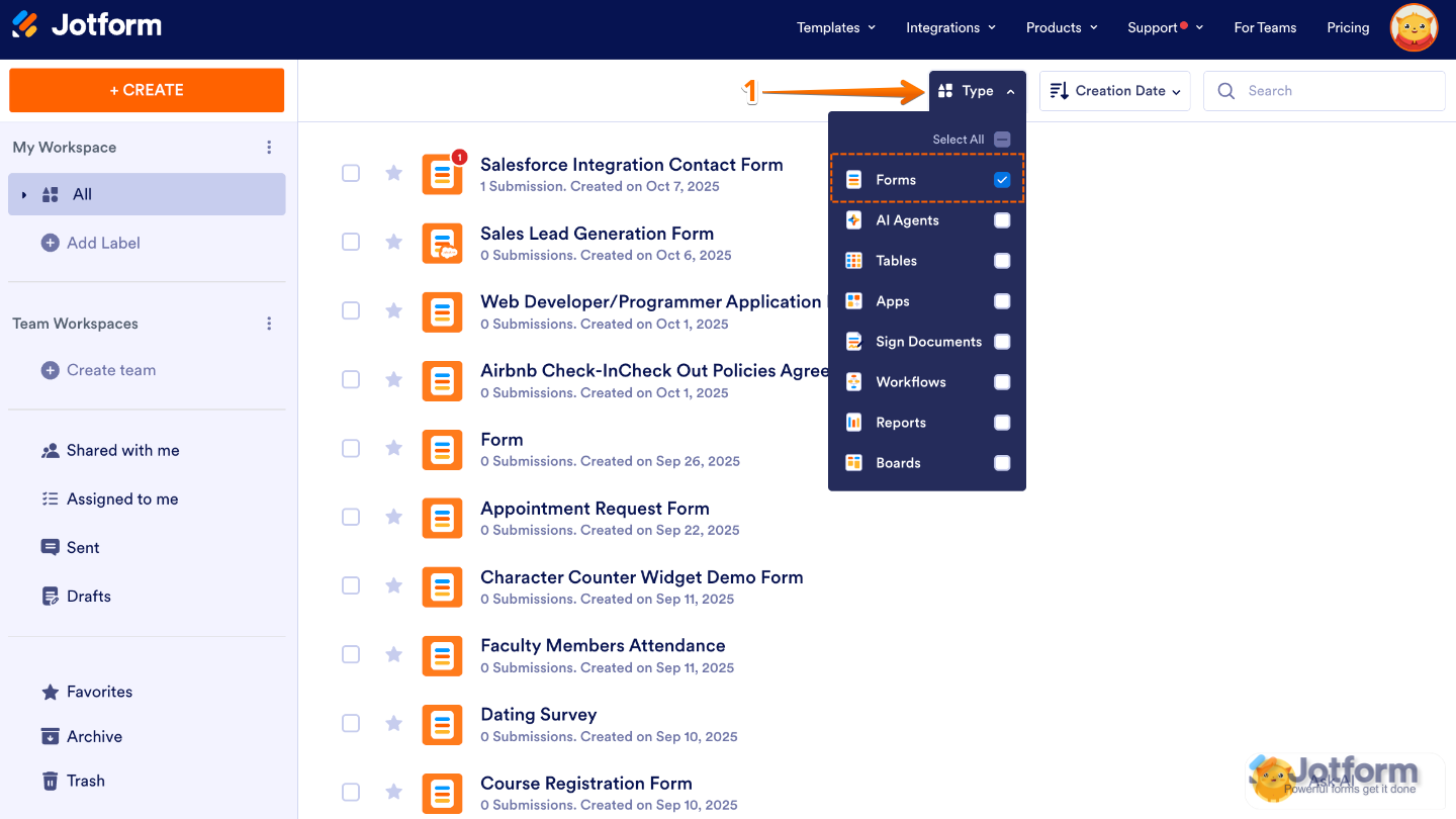 Forms option checked in the Type dropdown menu on the Jotform My Workspace page