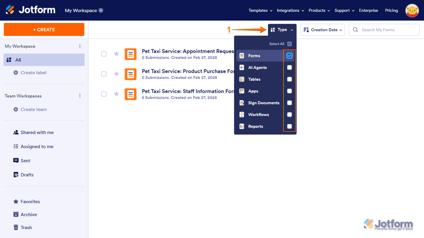 Workspace page filter to show forms only Screenshot 10