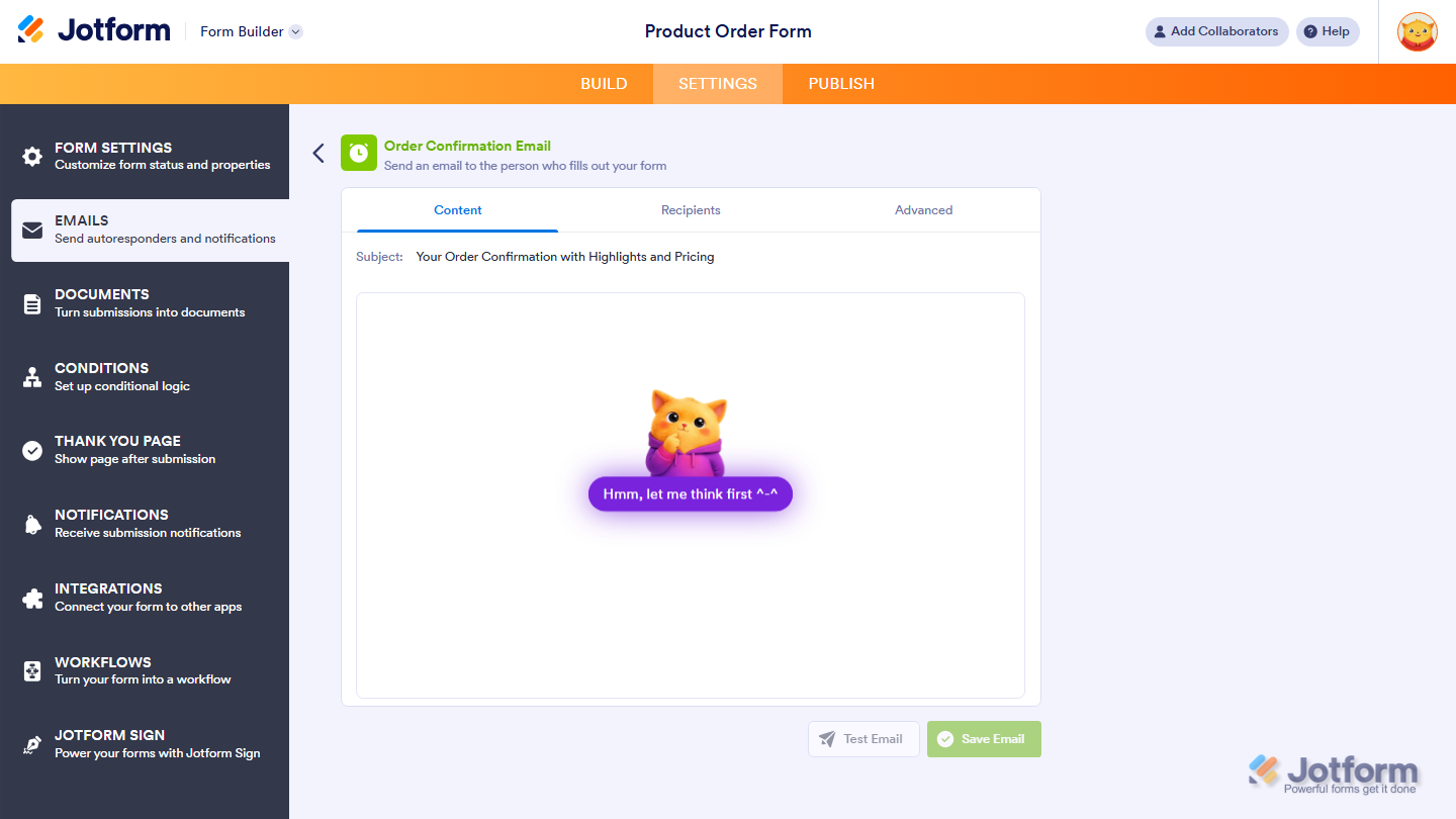 Email Copilot interface showing generated autoresponder email preview based on prompt and form fields in Jotform