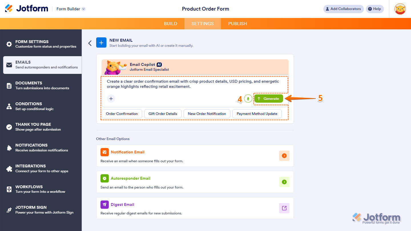 Email Copilot panel showing prompt field predefined templates microphone icon image upload plus icon and Generate button in Jotform