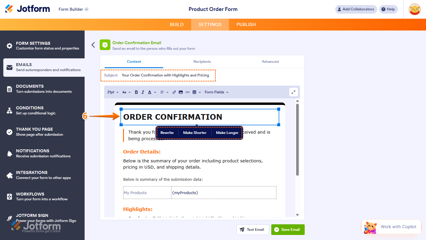 Email Content editor showing AI editing options Rewrite Make Shorter and Make Longer in Jotform