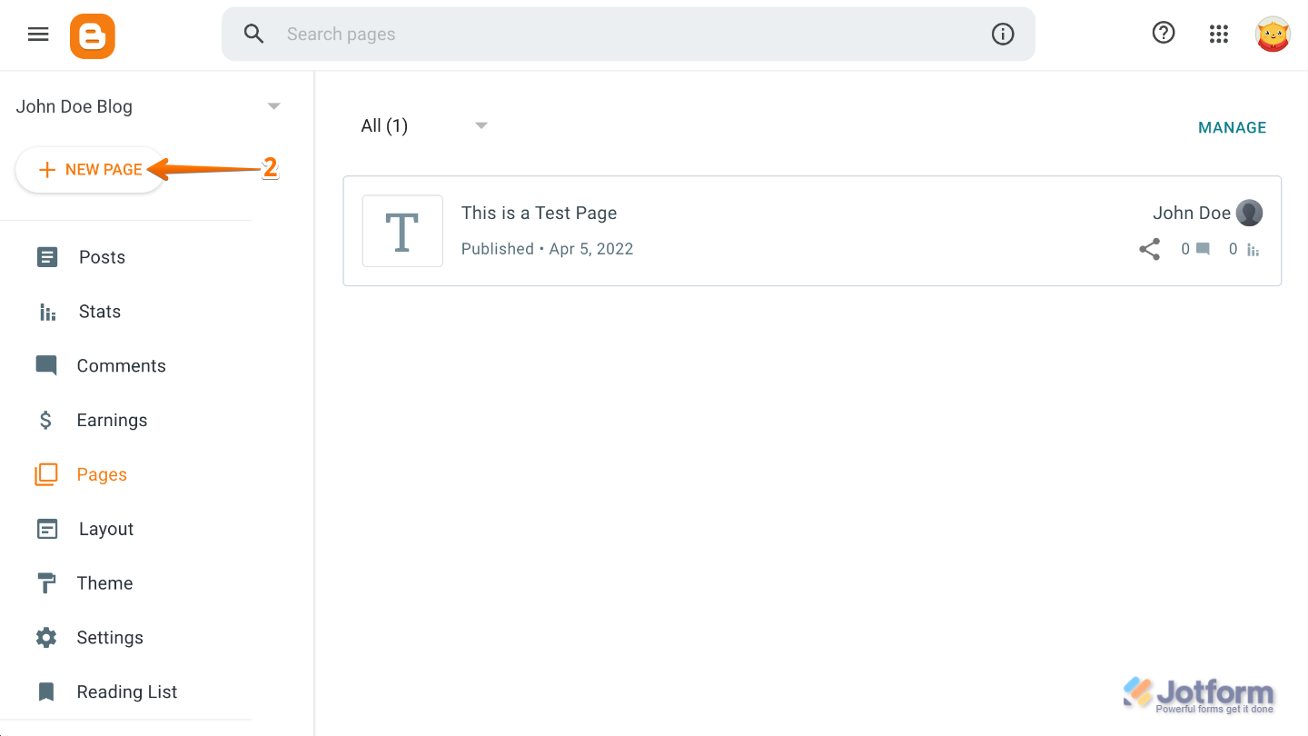 Blogger Pages section showing the New Page button on the top-left side of the dashboard