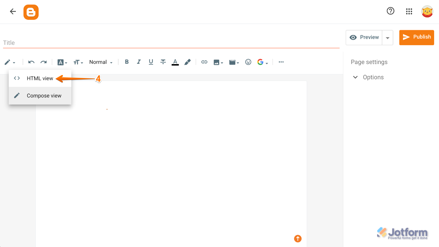 Blogger editor dropdown menu showing the HTML view option being selected