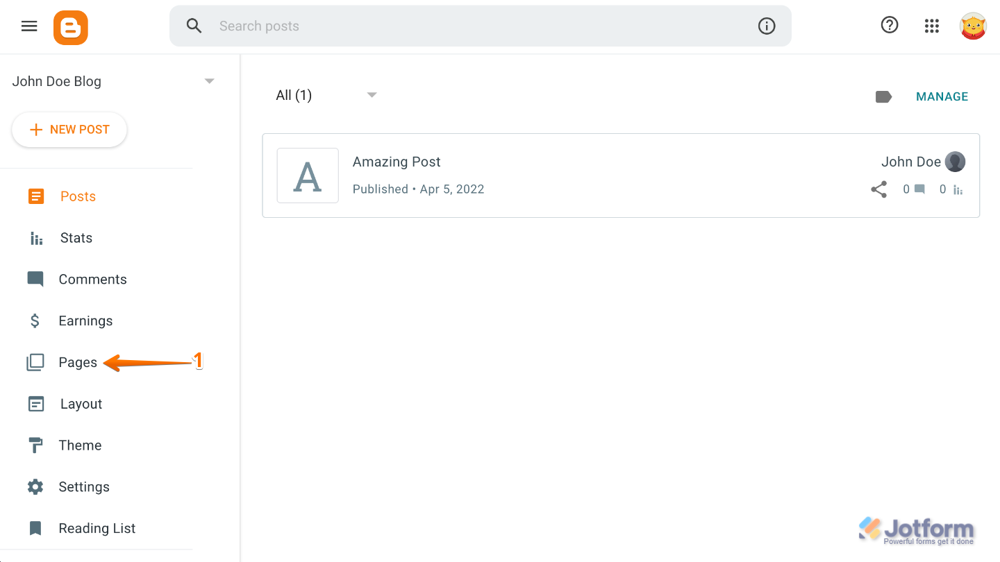 Blogger dashboard showing the Pages option selected from the left-side menu