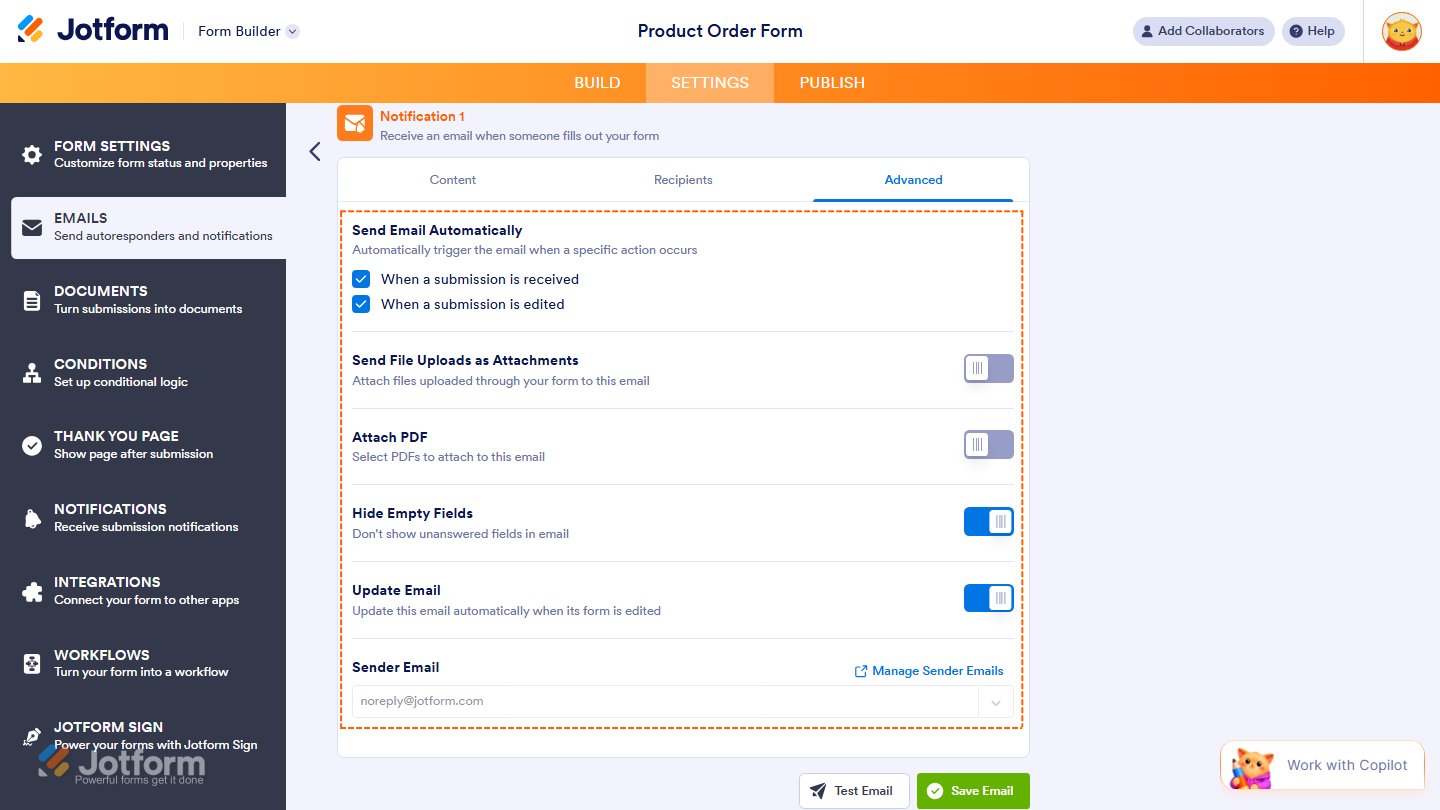 Notification Emails Advanced Tab in Jotform