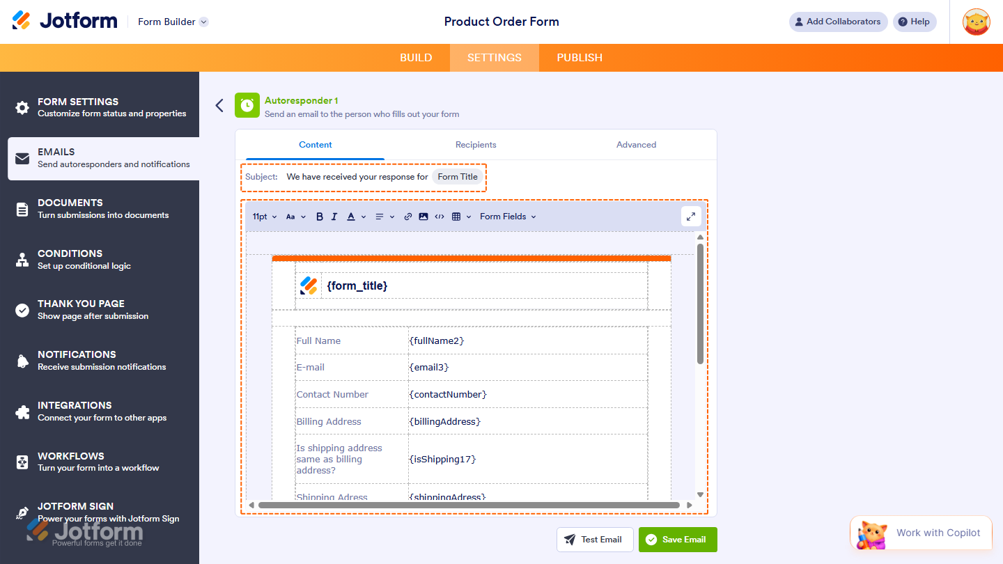Autoresponder Emails Content Tab in Jotform