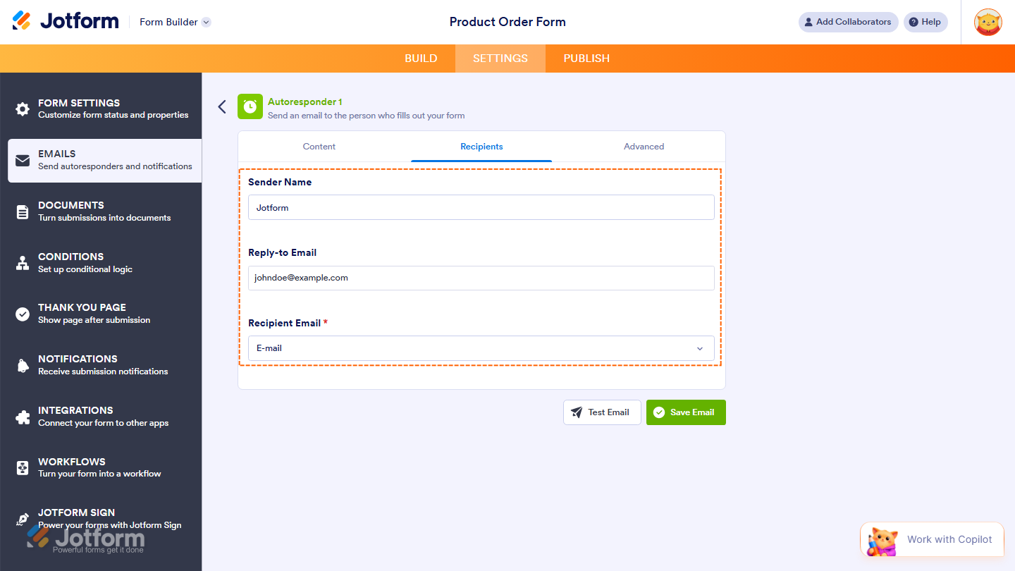 Autoresponder Emails Recipients Tab in Jotform