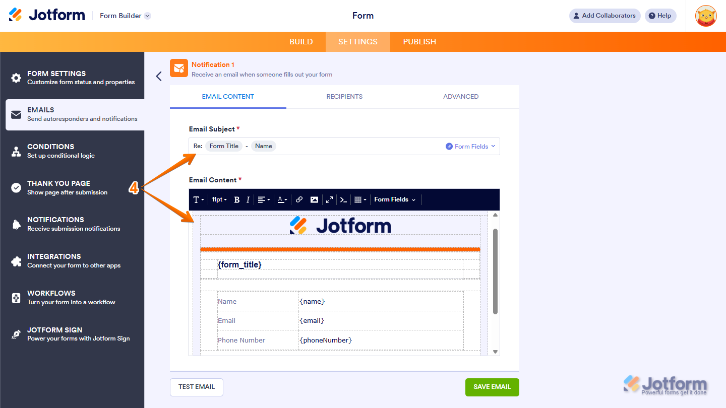 Email Content settings showing editable Email Subject and Email Content fields in Jotform