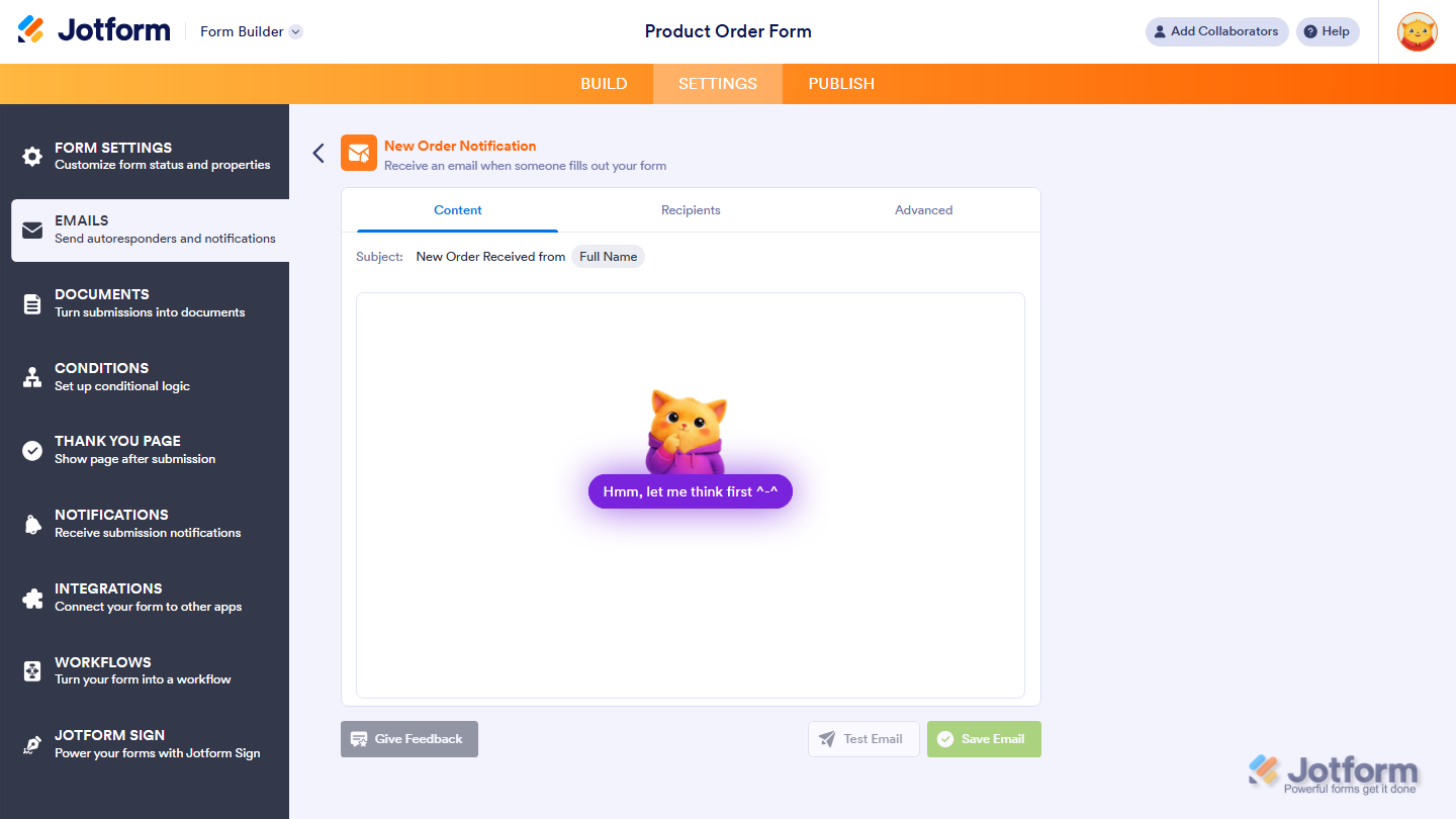 Email Copilot interface showing generated notification email preview based on prompt and form fields in Jotform