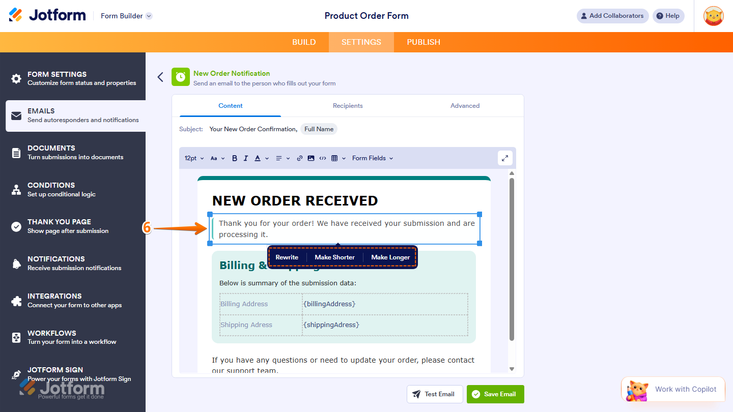 Email Content editor showing AI editing options Rewrite Make Shorter and Make Longer in Jotform