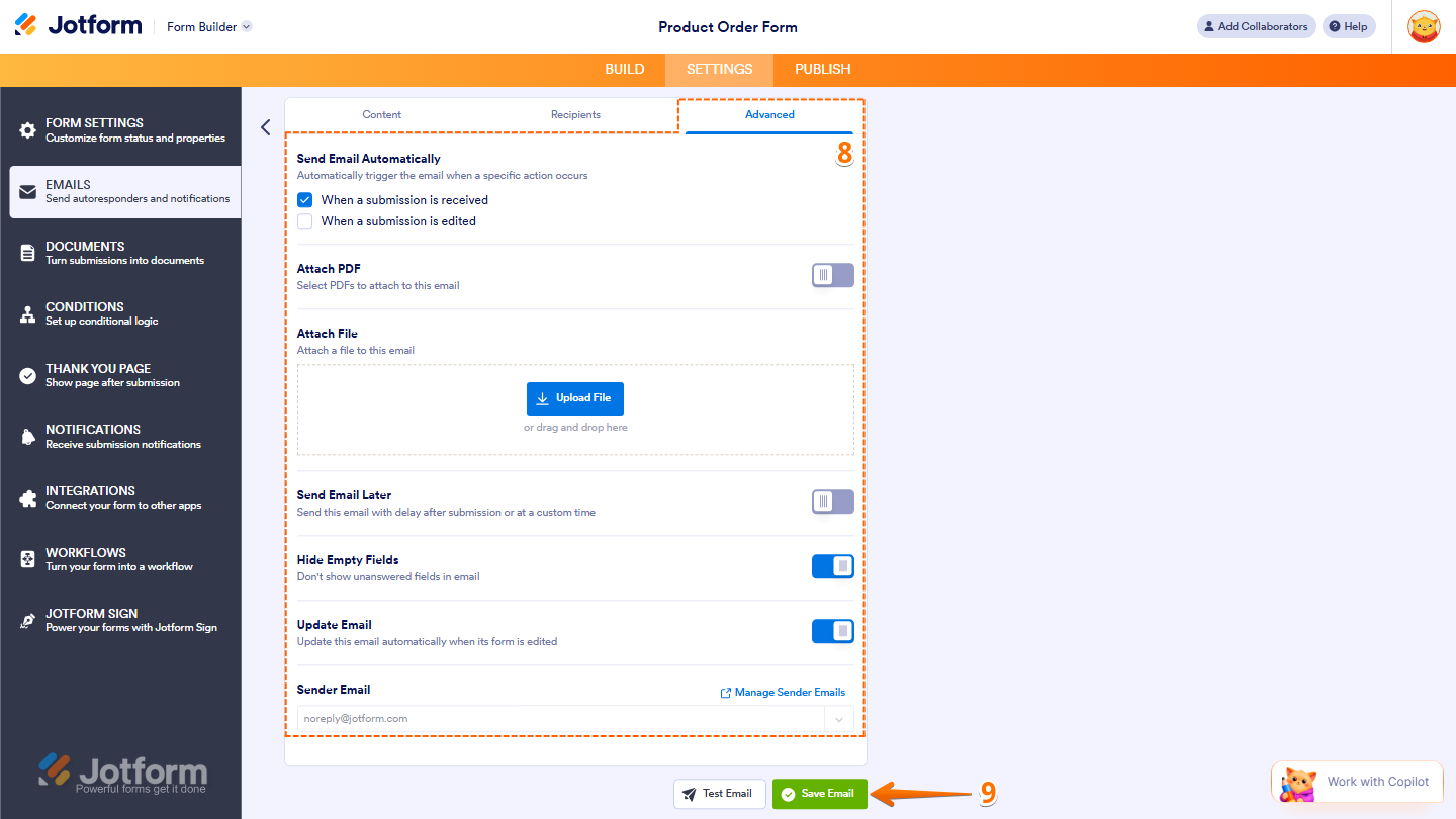 Email Copilot Advanced tab showing Send Email Automatically Send File Uploads as Attachments Attach PDF Hide Empty Fields Update Email Sender Email options and Save Email button in Jotform