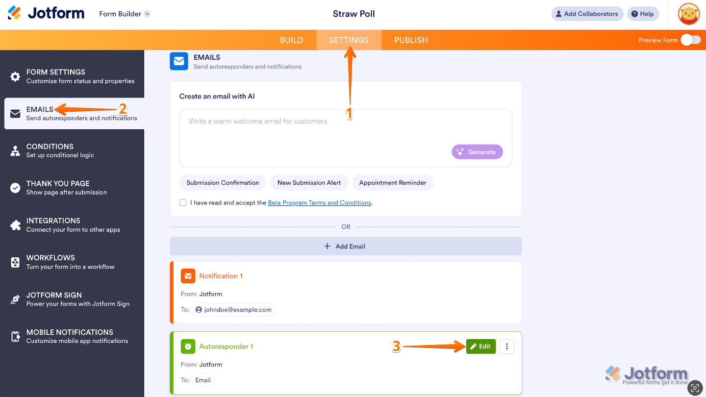 Form Builder interface with the Settings tab selected in the orange top navigation bar and Emails highlighted in the left menu
