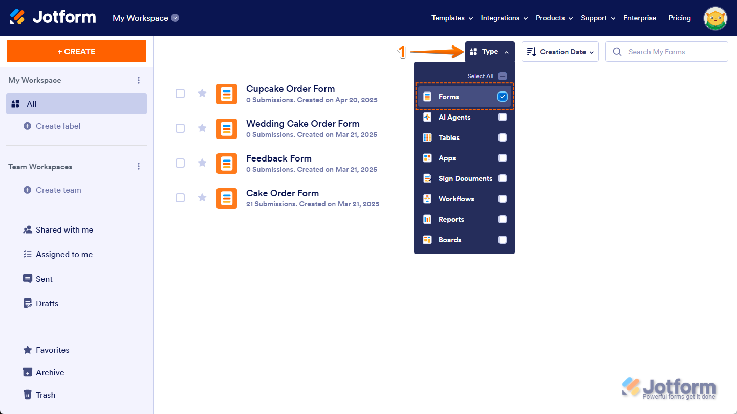 Opción Formularios seleccionada en el menú desplegable Tipo en la página de Mi Espacio de Trabajo de Jotform