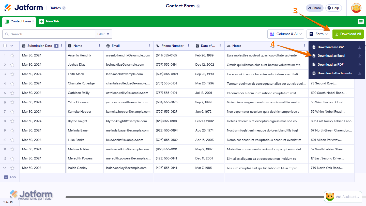 Jotform Tables page showing Download All menu with Download as Excel option