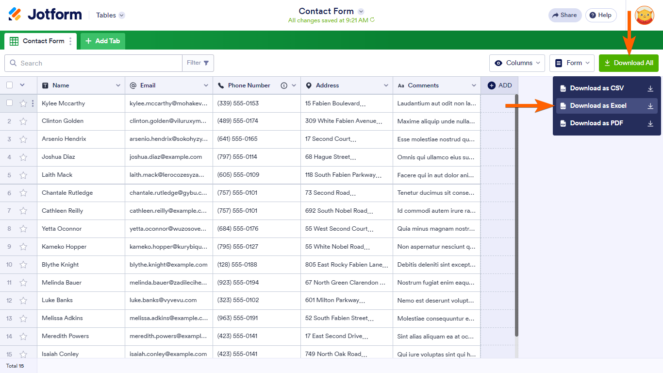 Steps to download submission data as Excel in Jotform Tables Screenshot 10