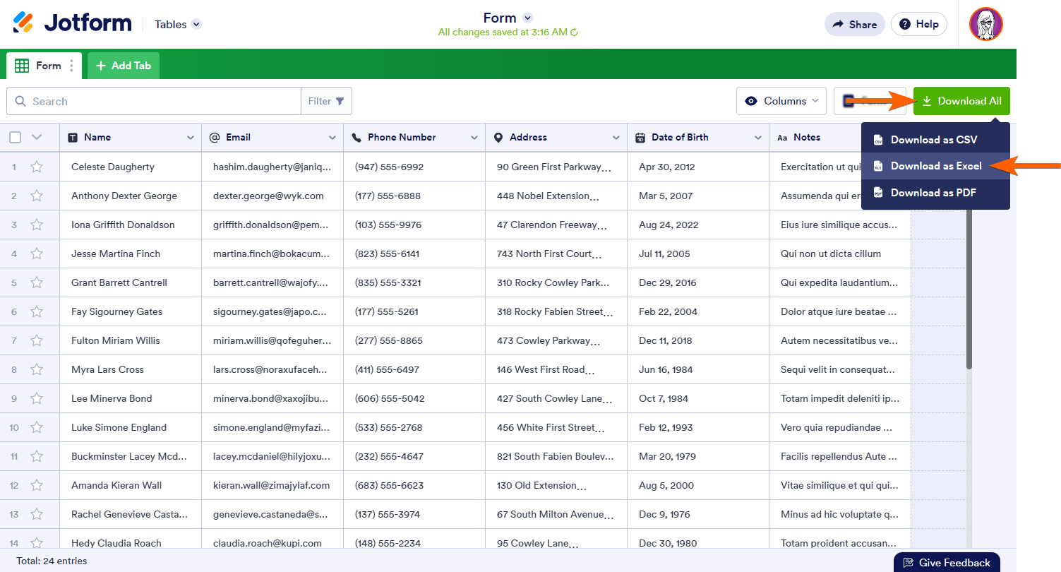 A screenshot of Jotform Tables with arrows pointing to Download All and Download as Excel Screenshot 21