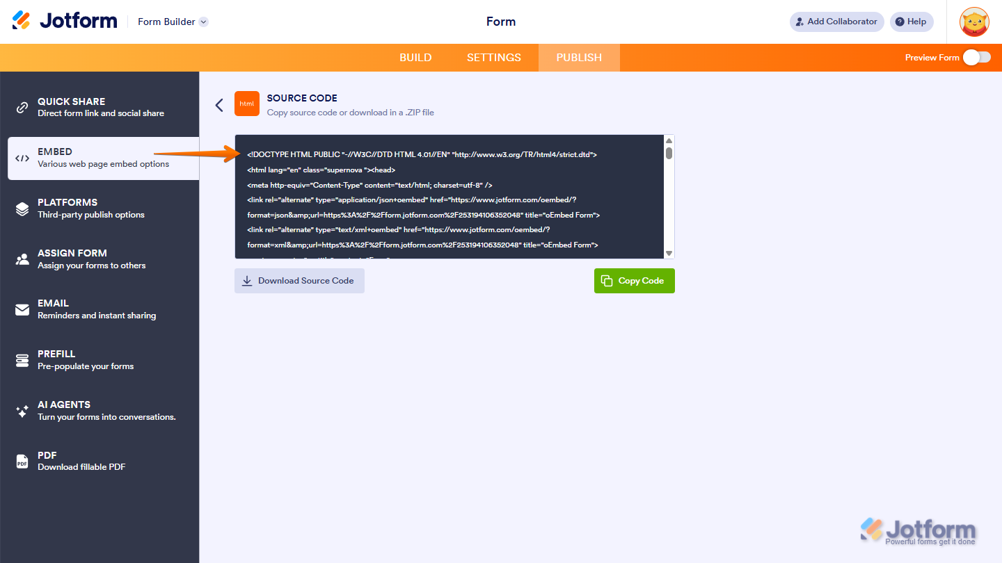 Source Code embed option
