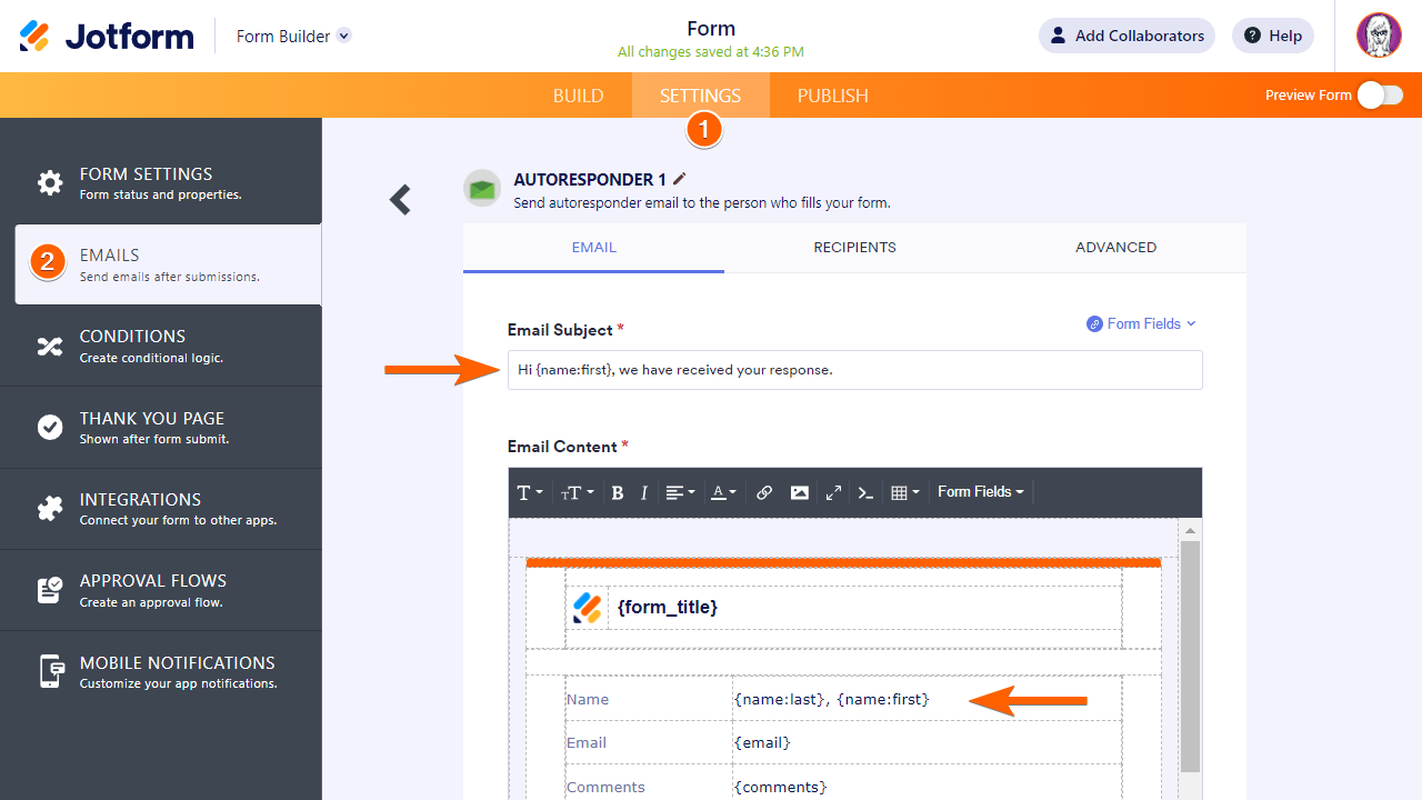 Una plantilla de autorespuesta con etiquetas de campo