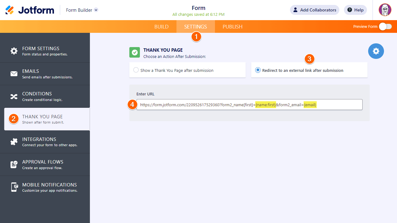Redirección de URL de una página de Agradecimiento con etiquetas de campo