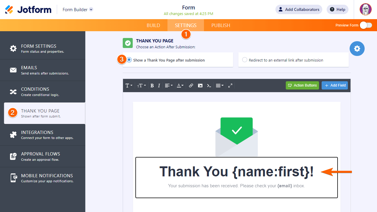 Una página de Agradecimiento con etiquetas de campo