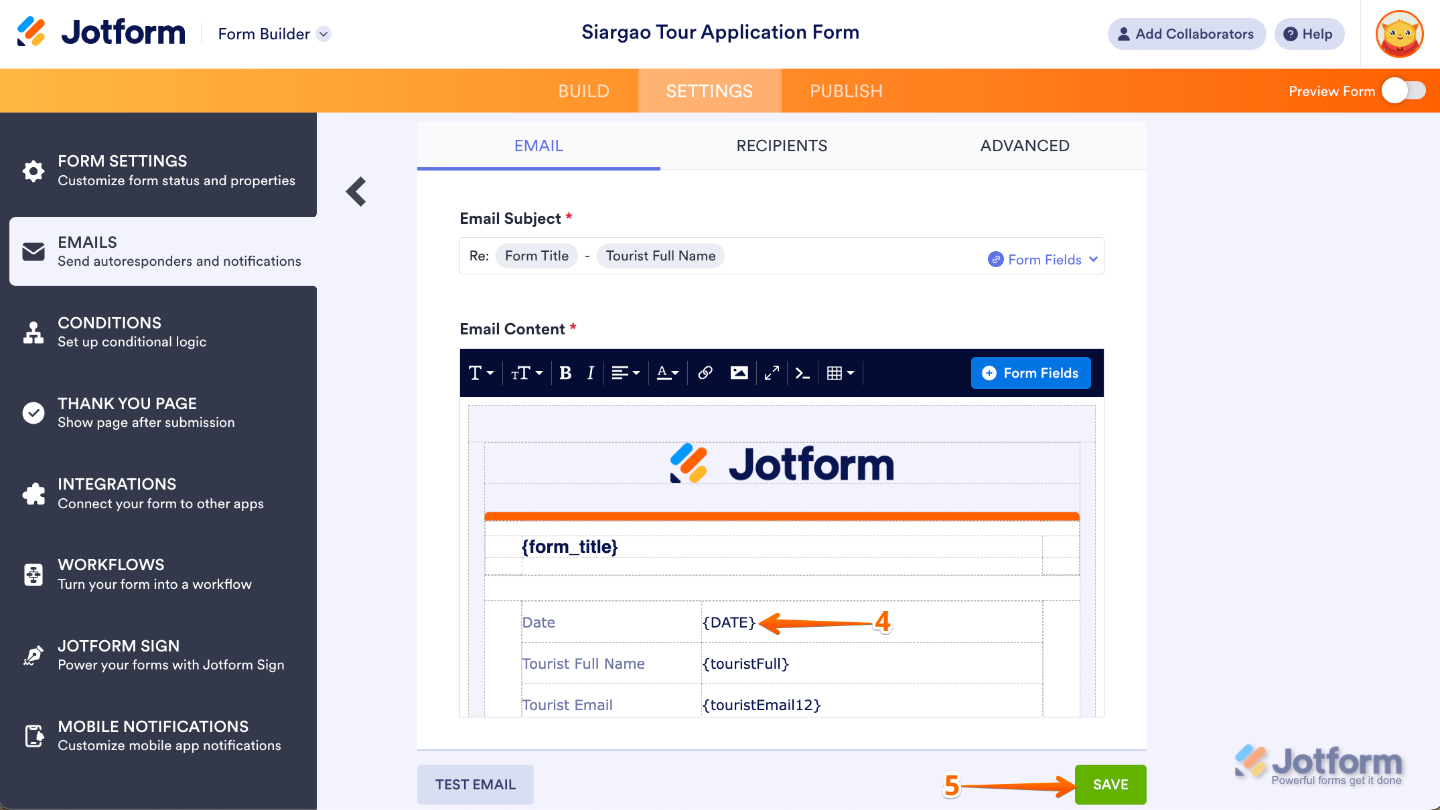 Configuración de formulario de Jotform, con la pestaña de Correos electrónicos seleccionada, mostrando el contenido del Correo electrónico de notificación donde se añadió la etiqueta de fecha