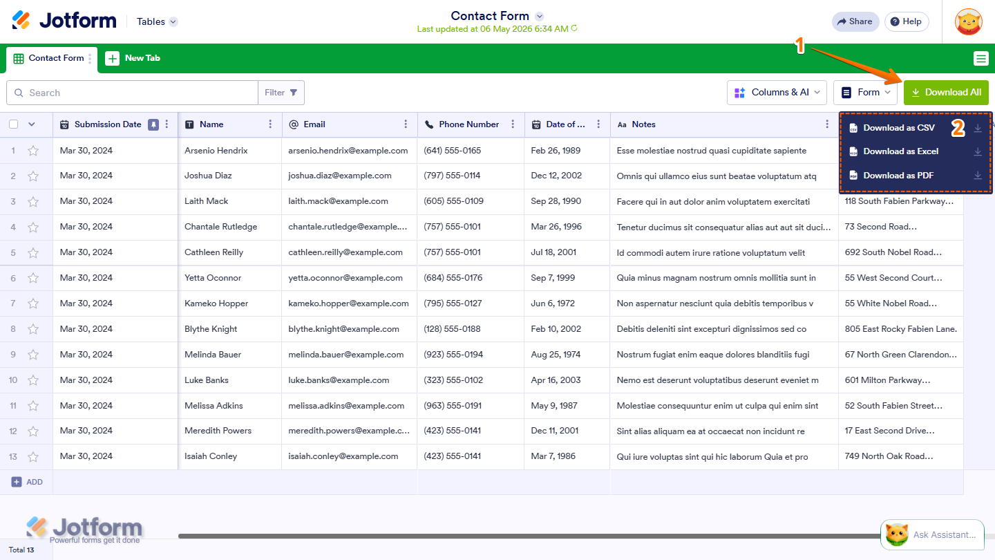CSV、Excel、PDFのエクスポートオプションを表示するjotformテーブルのすべてダウンロードメニュー。