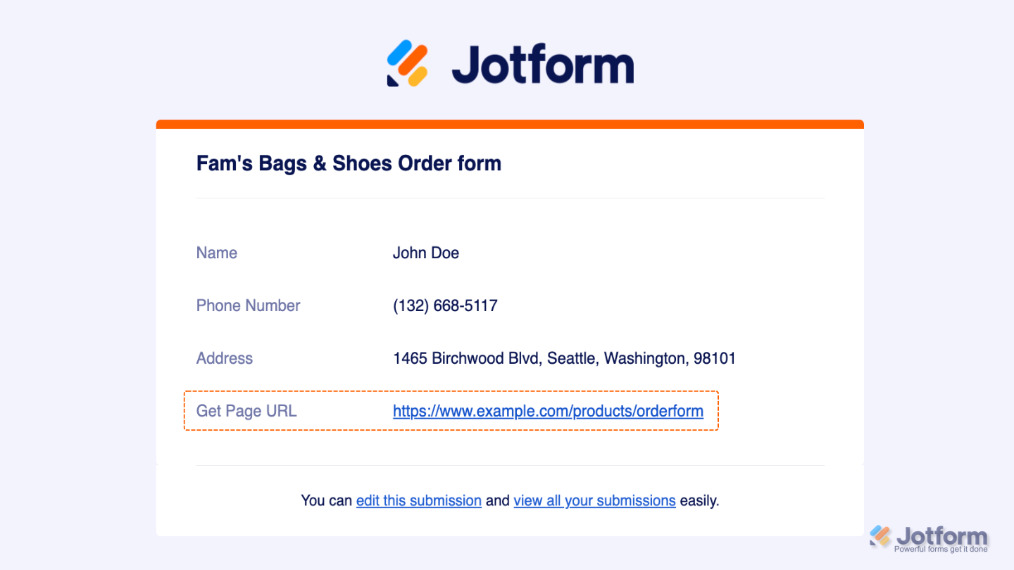 Example of a form notification email showing the Get Form Page URL field displaying the web page from which a form was submitted