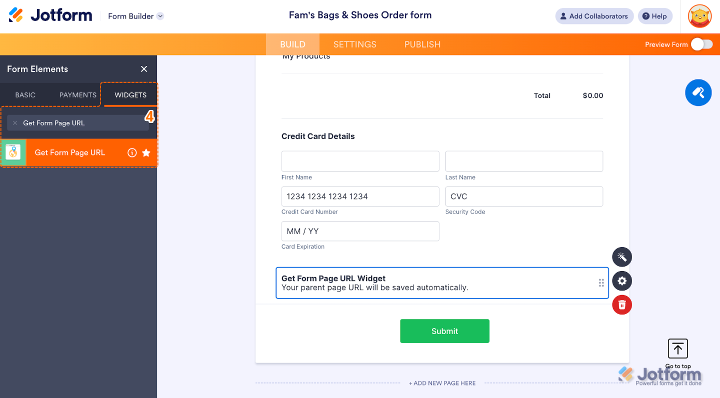 Form Elements menu under the Widgets tab showing the Get Form Page URL widget selected