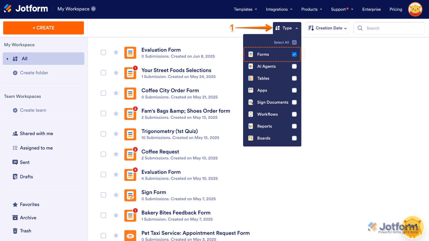 Workspace page showing the Type dropdown menu with all asset types unchecked except Forms, displaying only forms