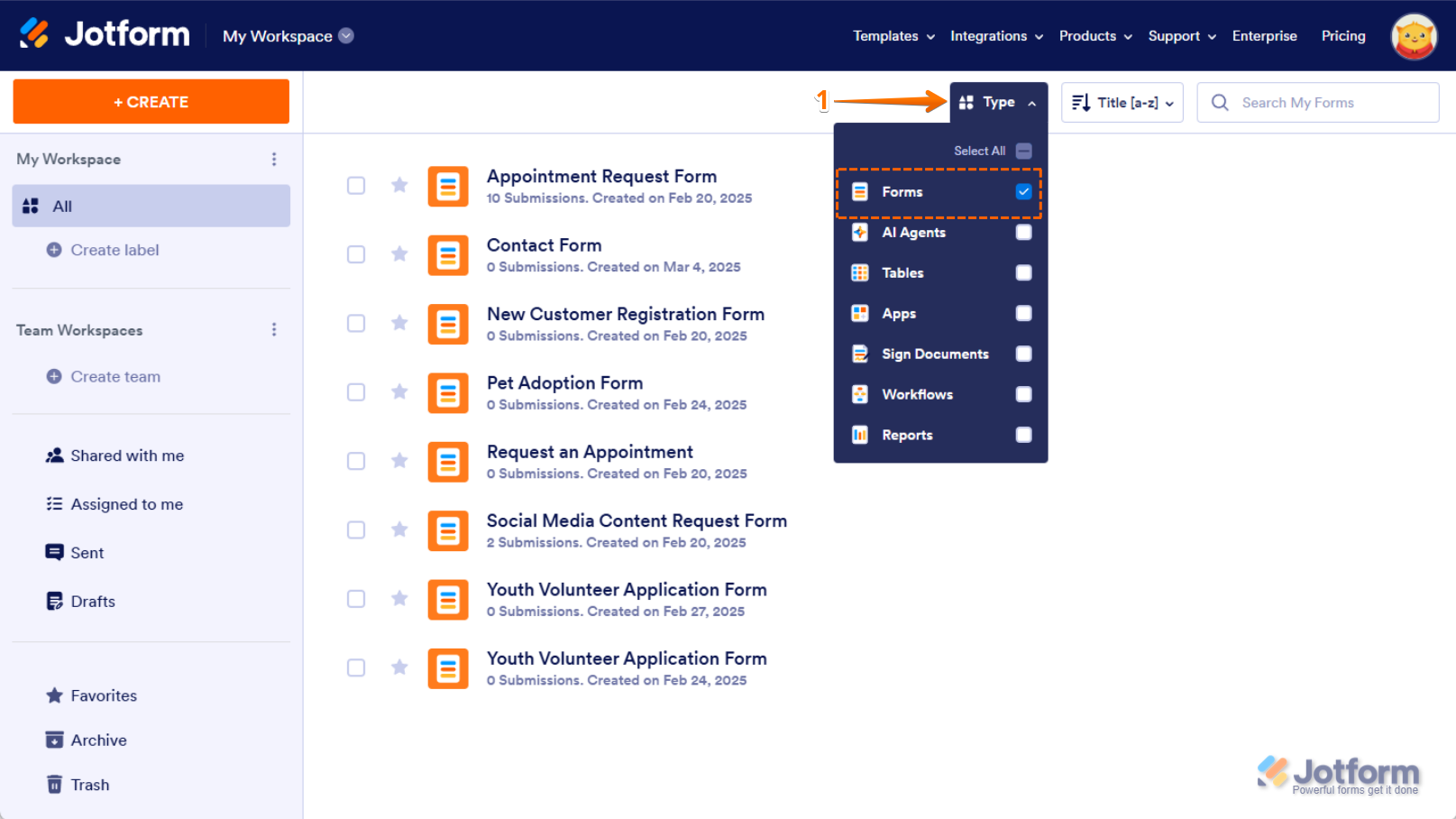 En la página de Mi Espacio de Trabajo de Jotform, el menú desplegable 'Tipo' está abierto, con todas las opciones de activos desmarcadas excepto 'Formularios,' mostrando solo formularios en la página