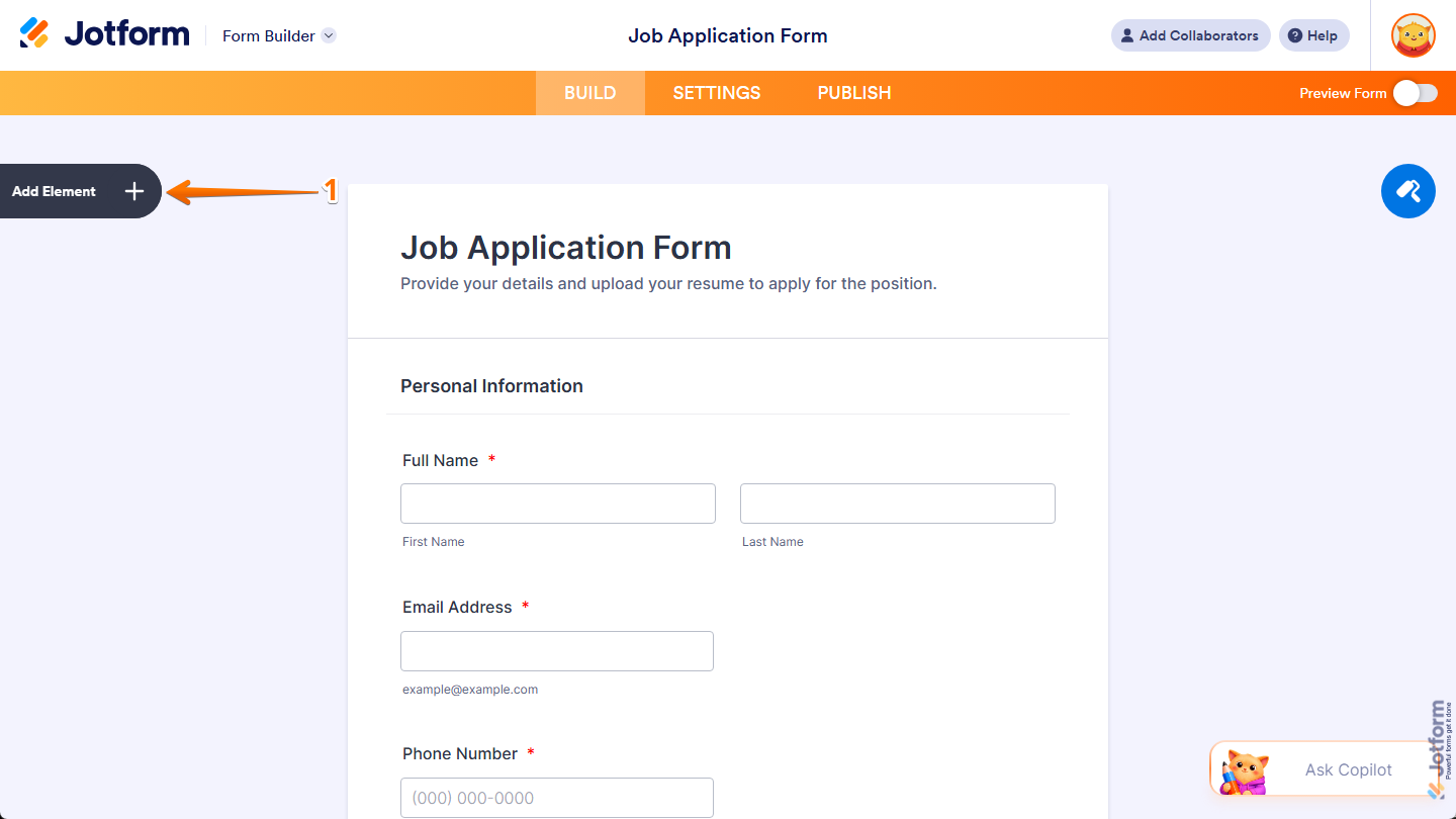 Add Element button in Jotform Form Builder