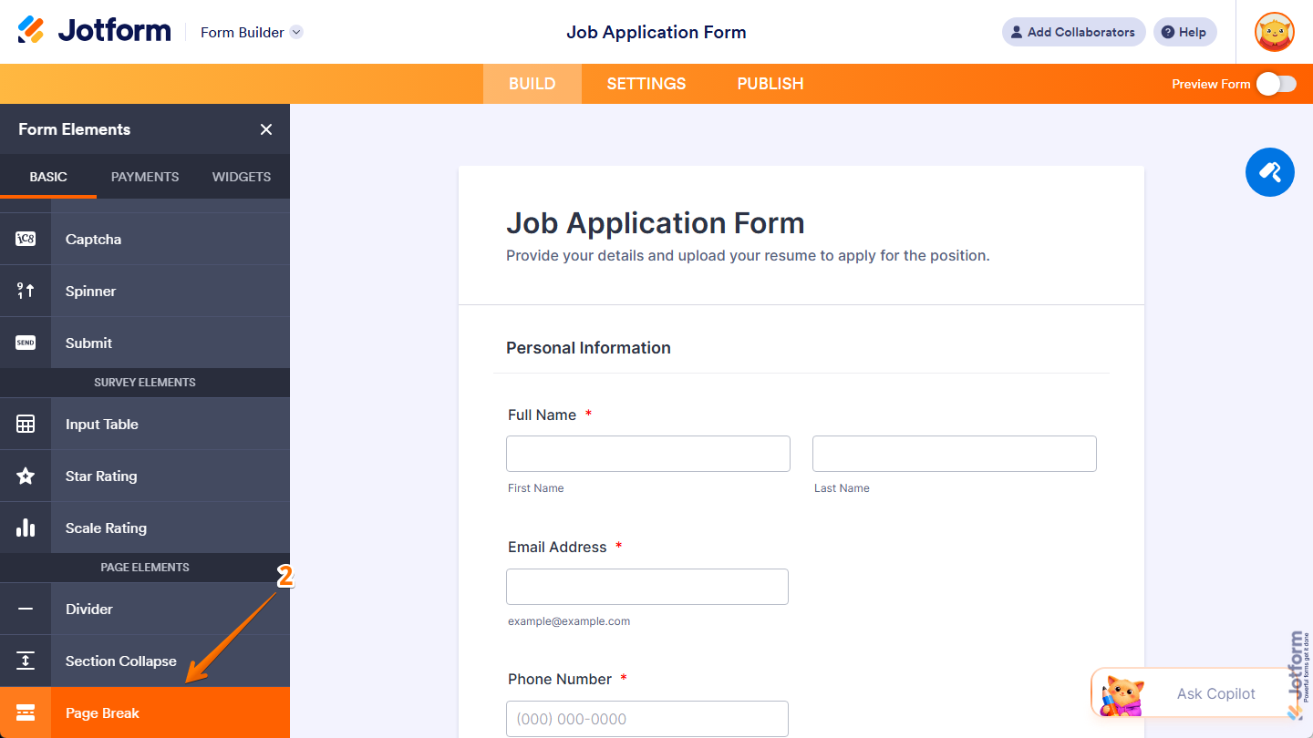 Page Break element under the Basic tab of the Form Elements menu in Jotform Form Builder
