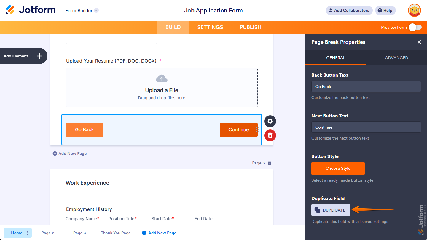 Duplicate button under the General tab of the Page Break Properties menu in Jotform Form Builder