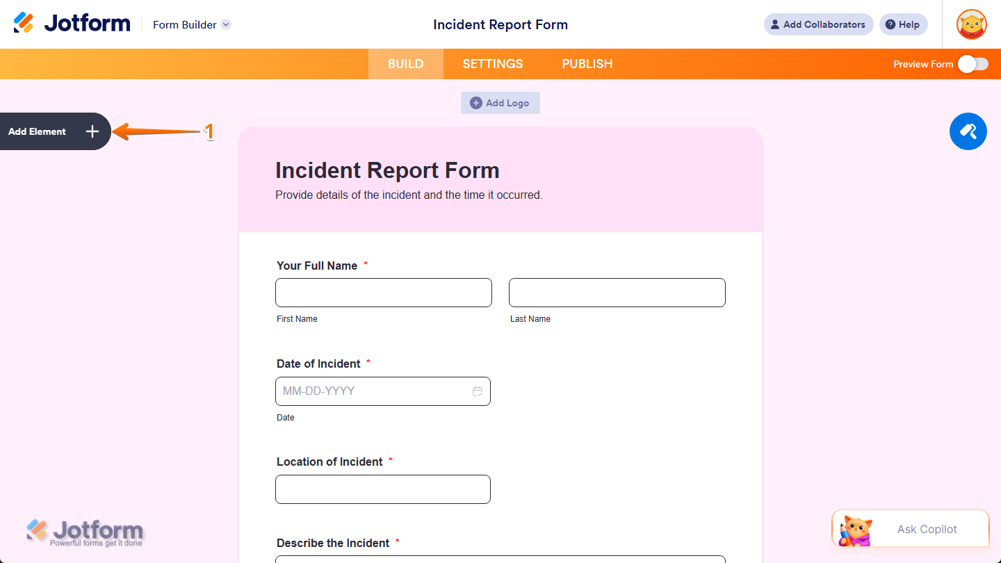 Add Element button in Jotform Form Builder