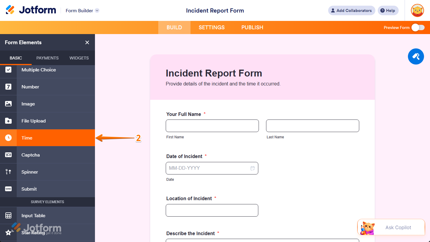 Time element under the Basic tab of the Form Elements menu in Jotform Form Builder