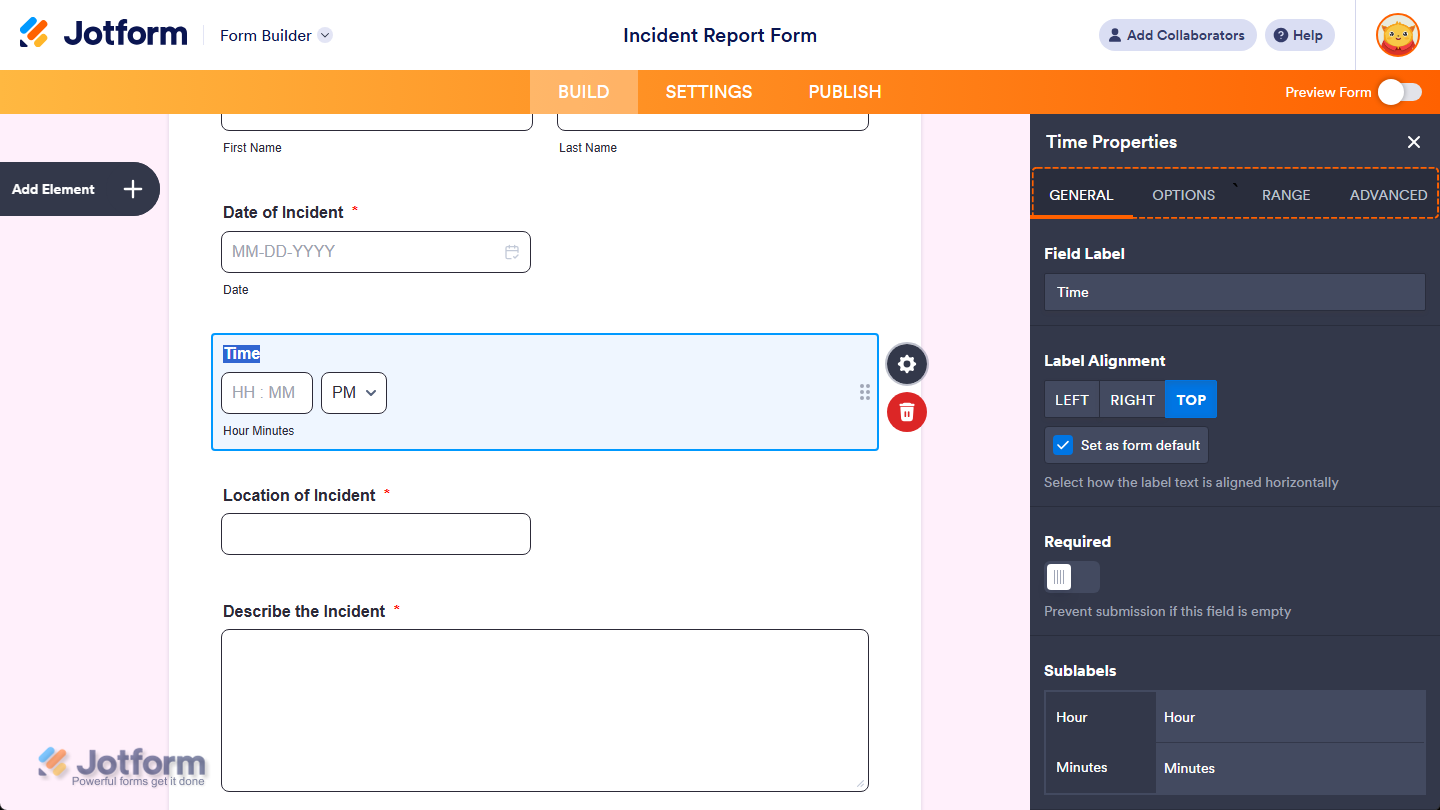 Different tabs in the Time Properties menu in Jotform Form Builder