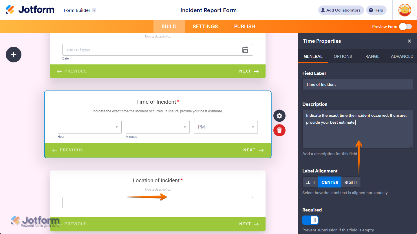Description property under the General tab of the Time Properties menu in Jotform Cards Form Builder
