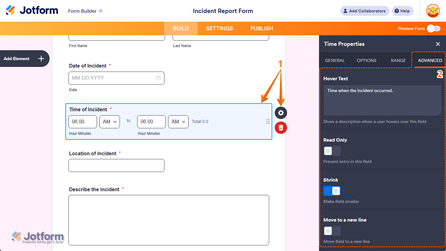 Different properties under the Advanced tab of the Time Properties menu in Jotform Form Builder