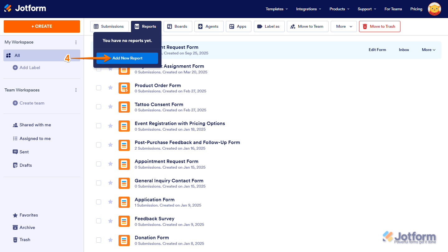 Displays the 'Reports' menu open, with the 'Add New Report' option visible, allowing the user to create a new report in Jotform