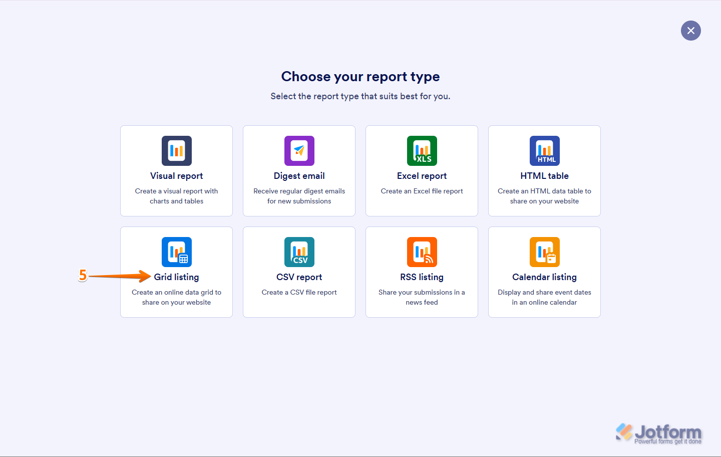 On the Create Report page, the 'Grid Listing Report' option is visible for selection in Jotform