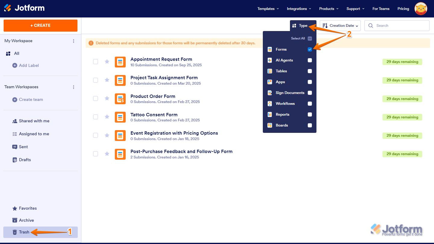 Forms option checked in the Type dropdown menu of the Trash folder on the Jotform My Workspace page