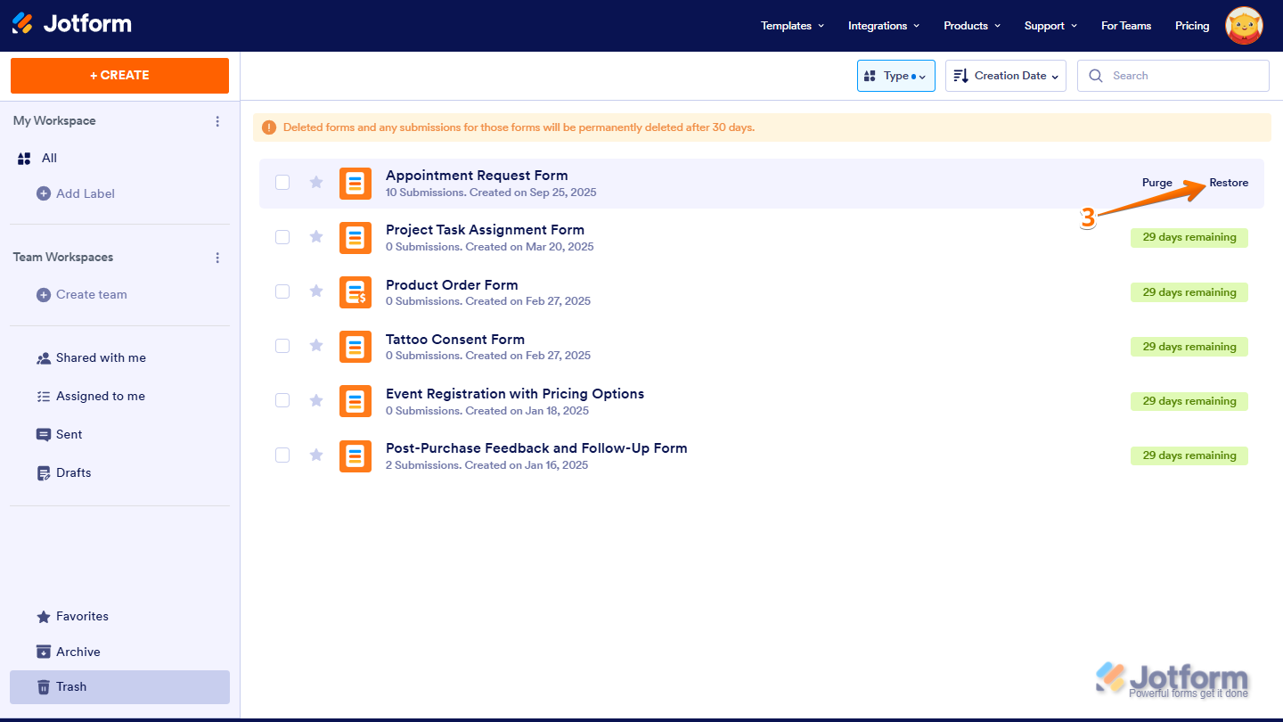 Restore button of a form in the Trash folder on the Jotform My Workspace page