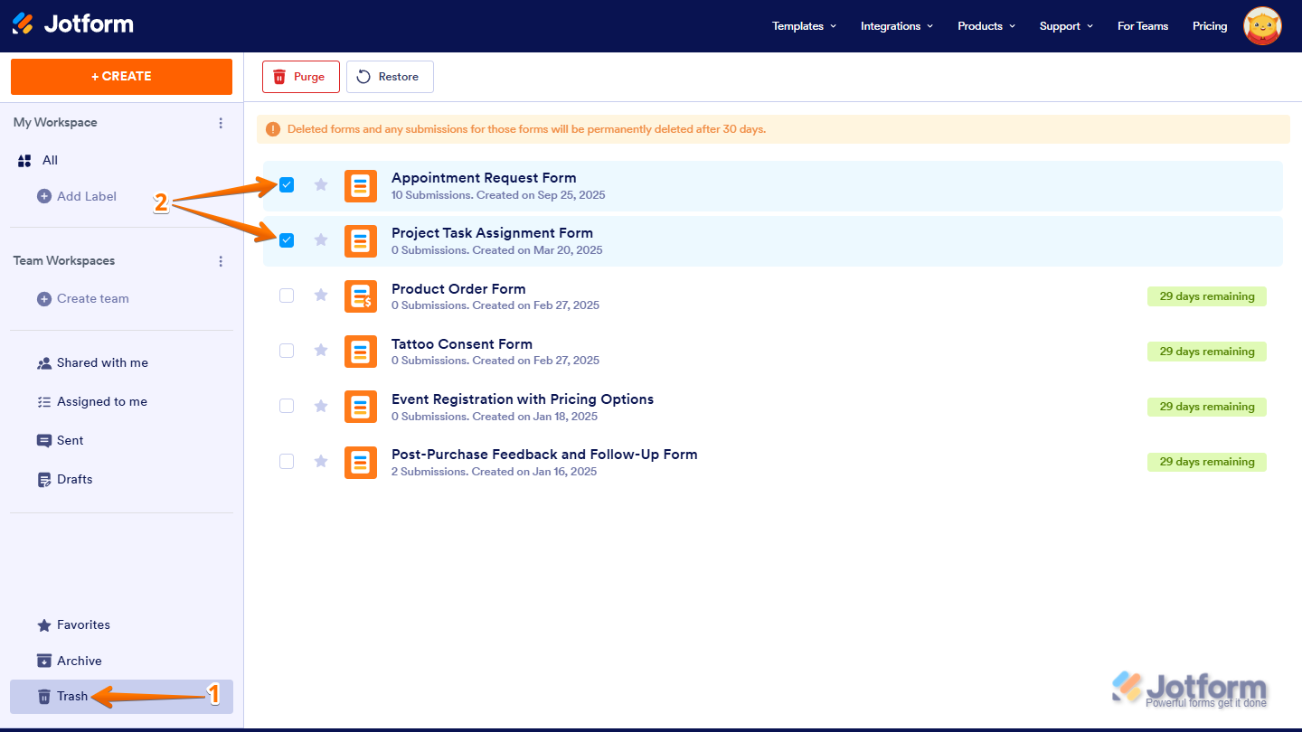 Restore button for multiple selected forms in the Trash folder on the Jotform My Workspace page