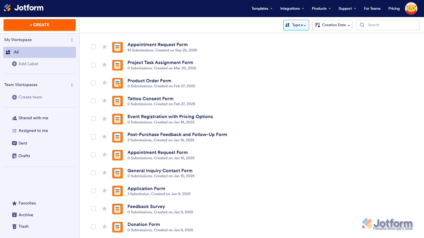 Restored forms on the Jotform Workspace page
