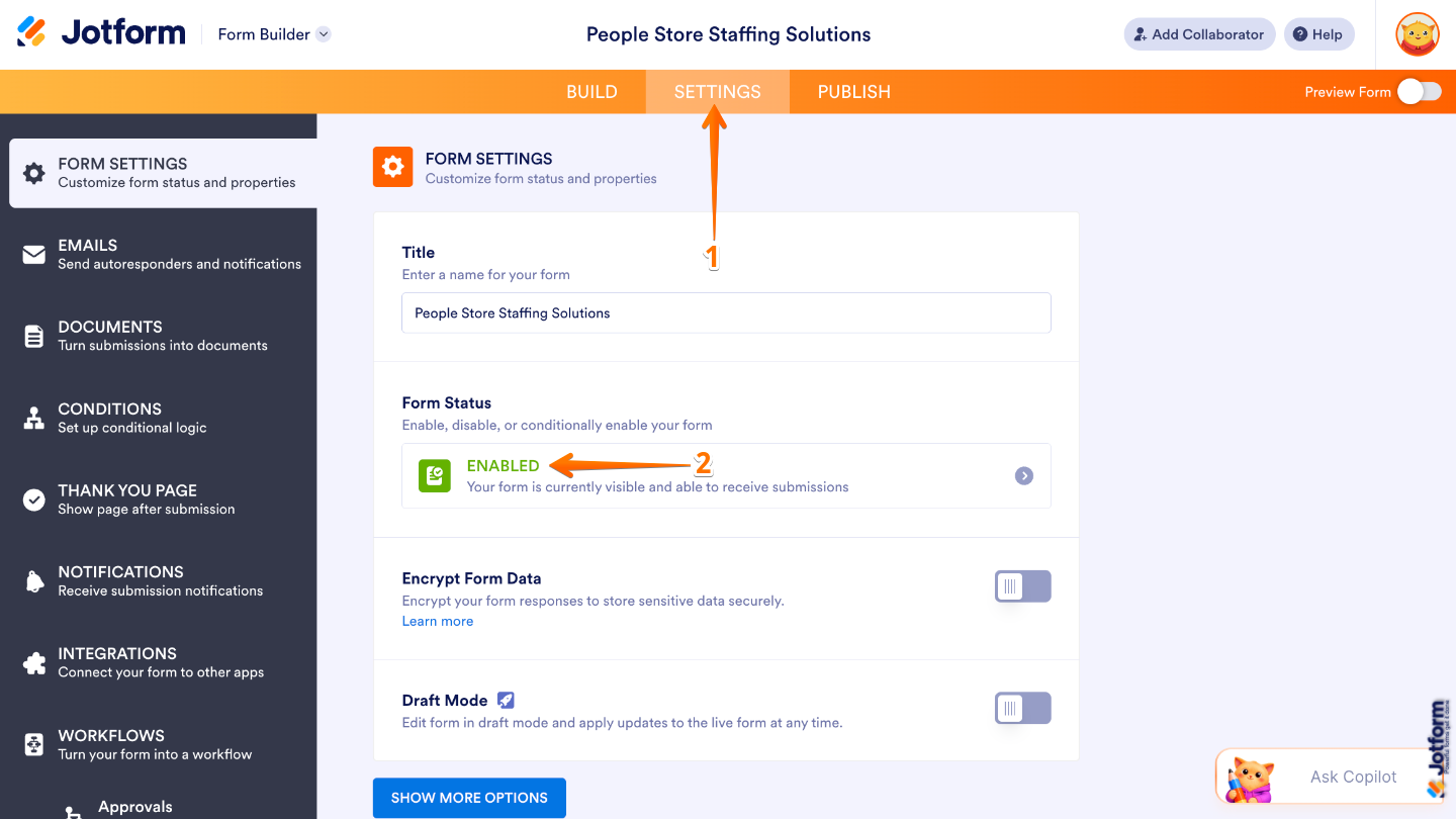 Form Builder Settings page showing the Form Status section with the Enabled option selected