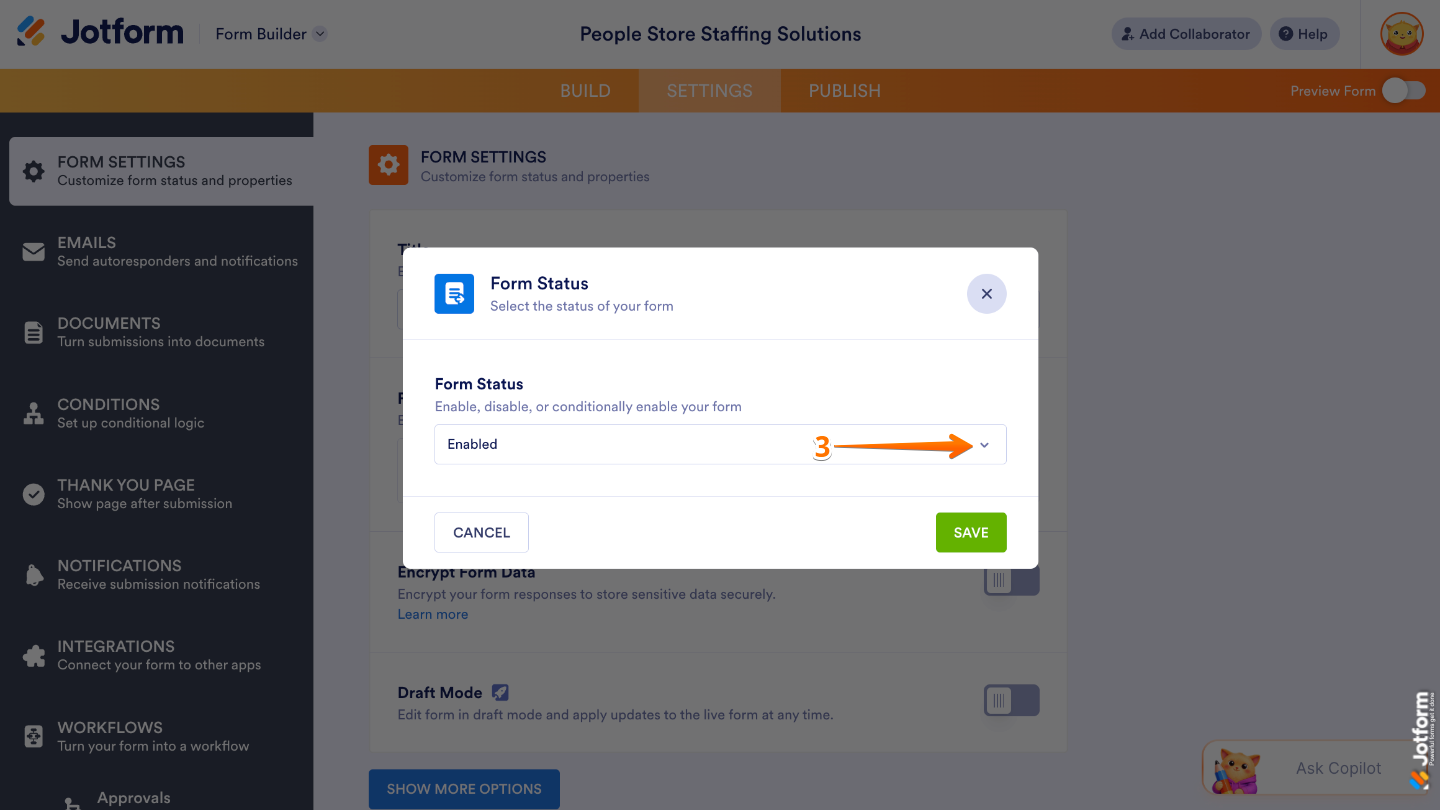 Form Status window showing the downward arrow icon used to expand status options