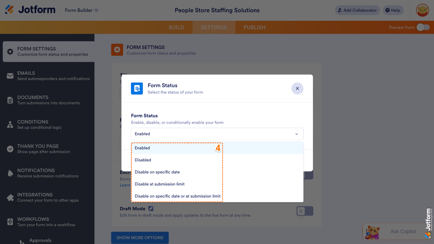 Form Status dropdown menu showing options to enable, disable, or set automatic form closing rules