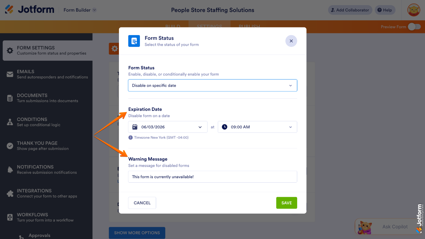 Form status settings showing expiration date and warning message options for a disabled form